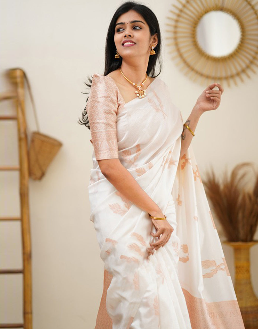 White Soft Silk With Jaquard Border & Weaving Saree