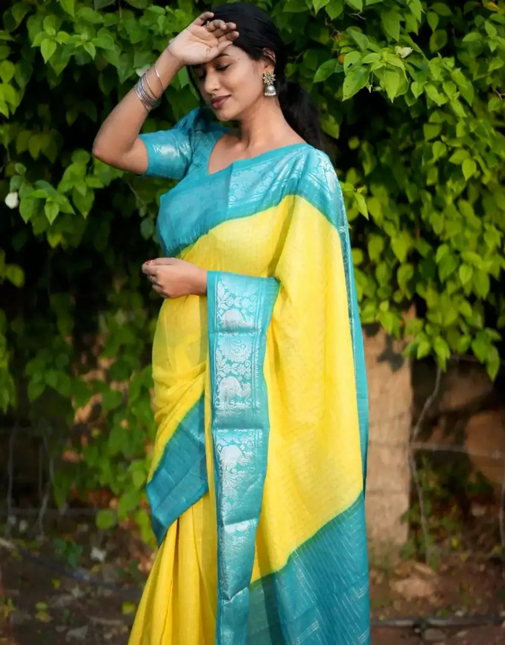 Yellow & Sky Blue Soft Silk Saree With Weaving Work