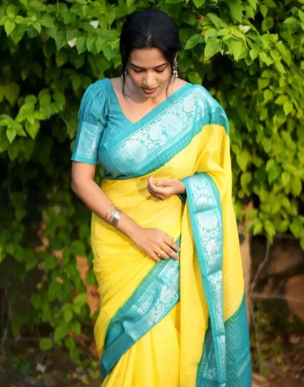 Yellow Colour Soft Silk Saree With Sky Blue Blouse