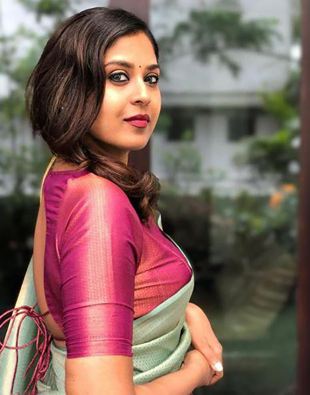 Blush Pink And Cornflower Blue Soft Silk Saree With Blouse