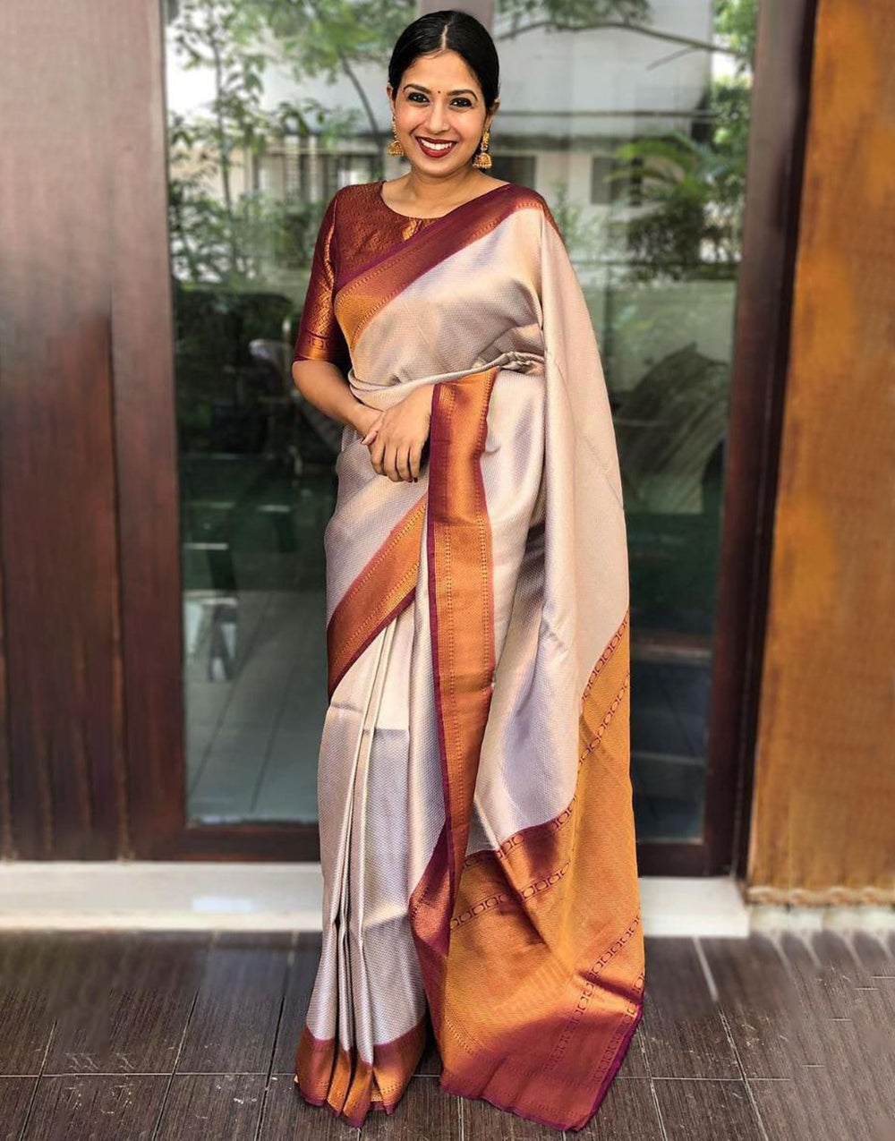 White And Violet Colour Soft Silk Saree With Designer Blouse
