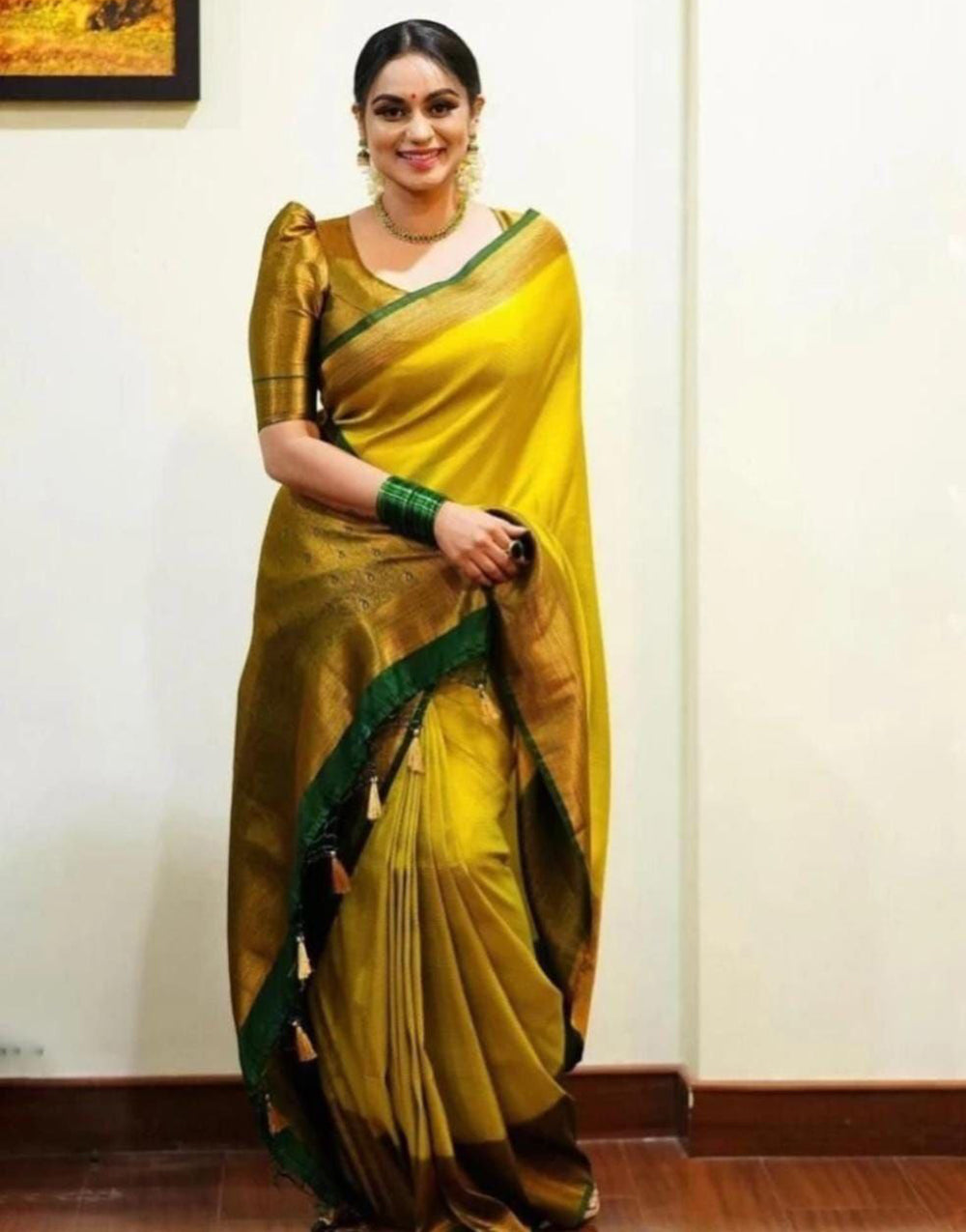 Yellow And Green Colour Soft Silk Saree With Blouse