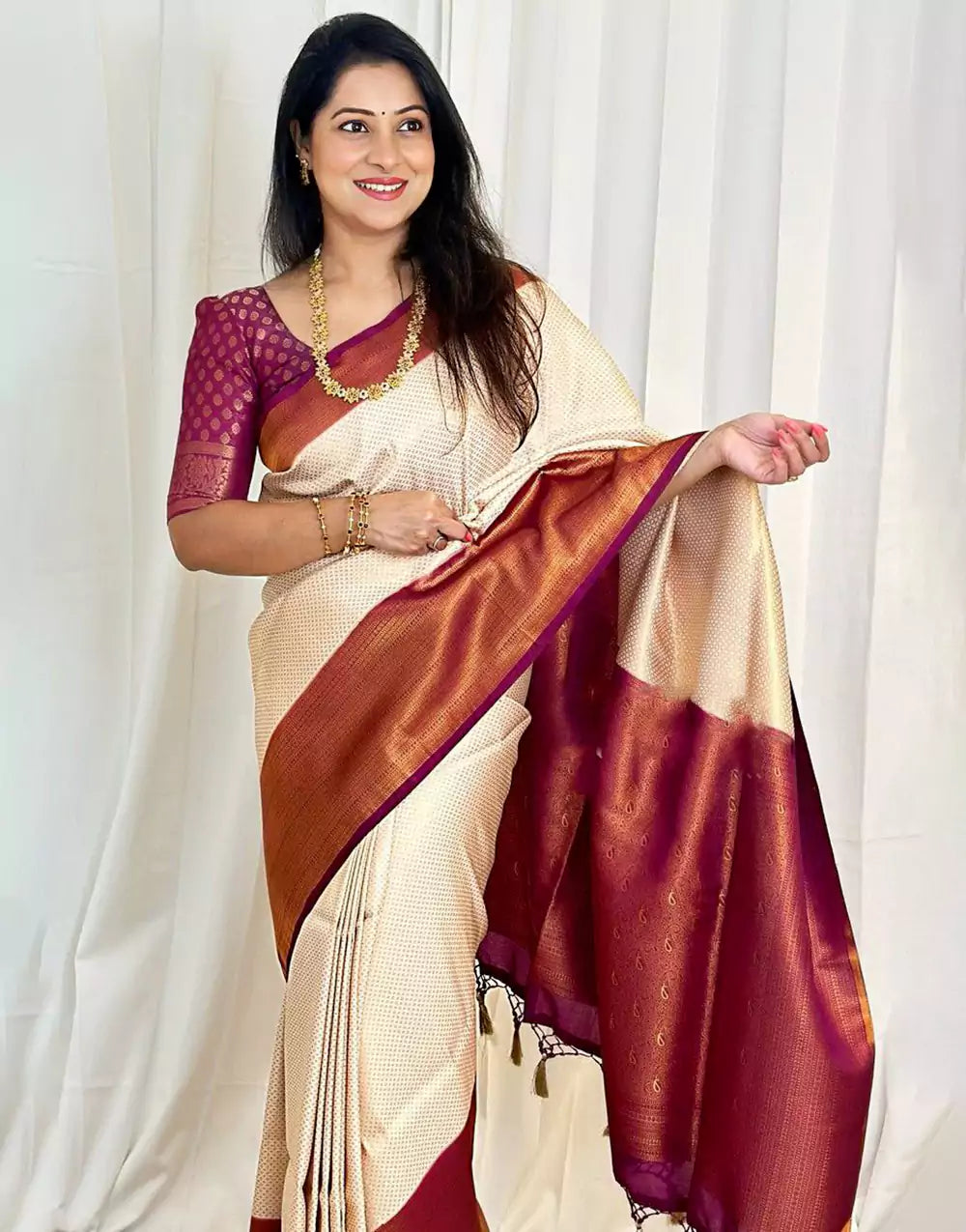 Maroon Cream Color Fancy Party Wear Saree Blouse | 336339787