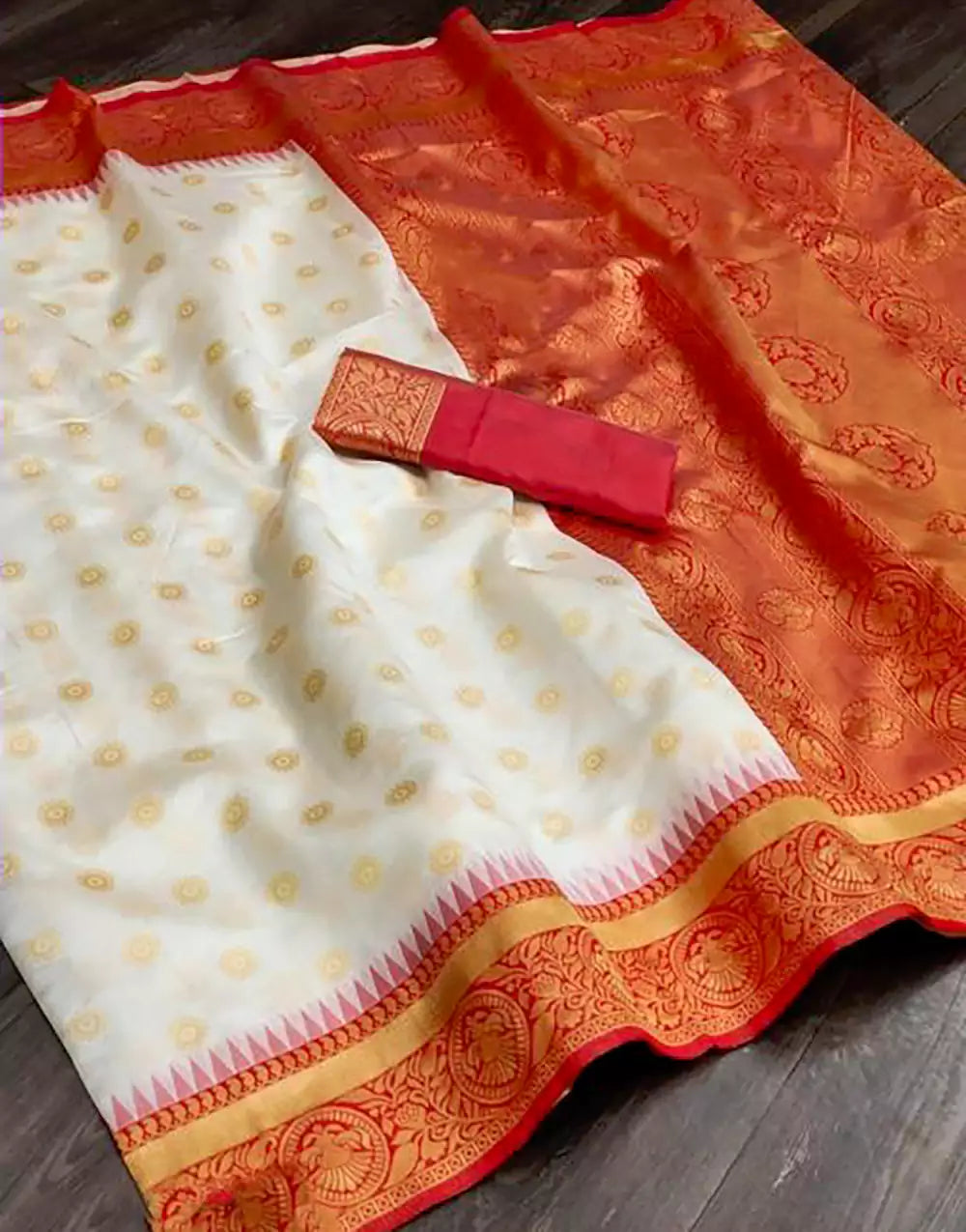 White & Red Soft Lichi Silk Saree With Zari Weaving Work