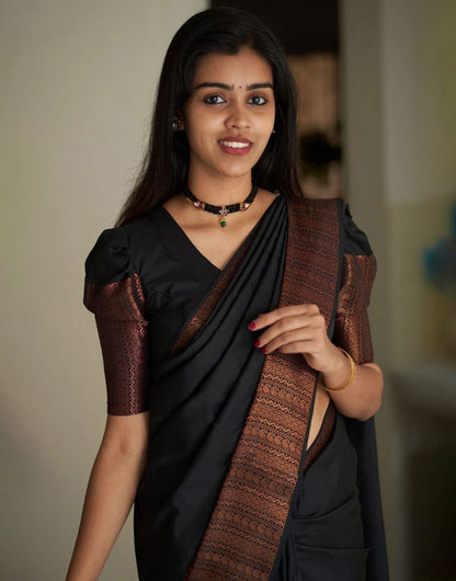 Black Soft Silk Saree With Matching Blouse