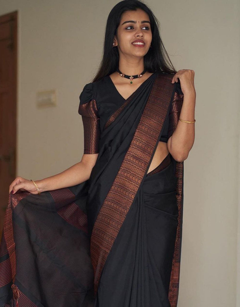 Black Soft Silk Saree With Matching Blouse