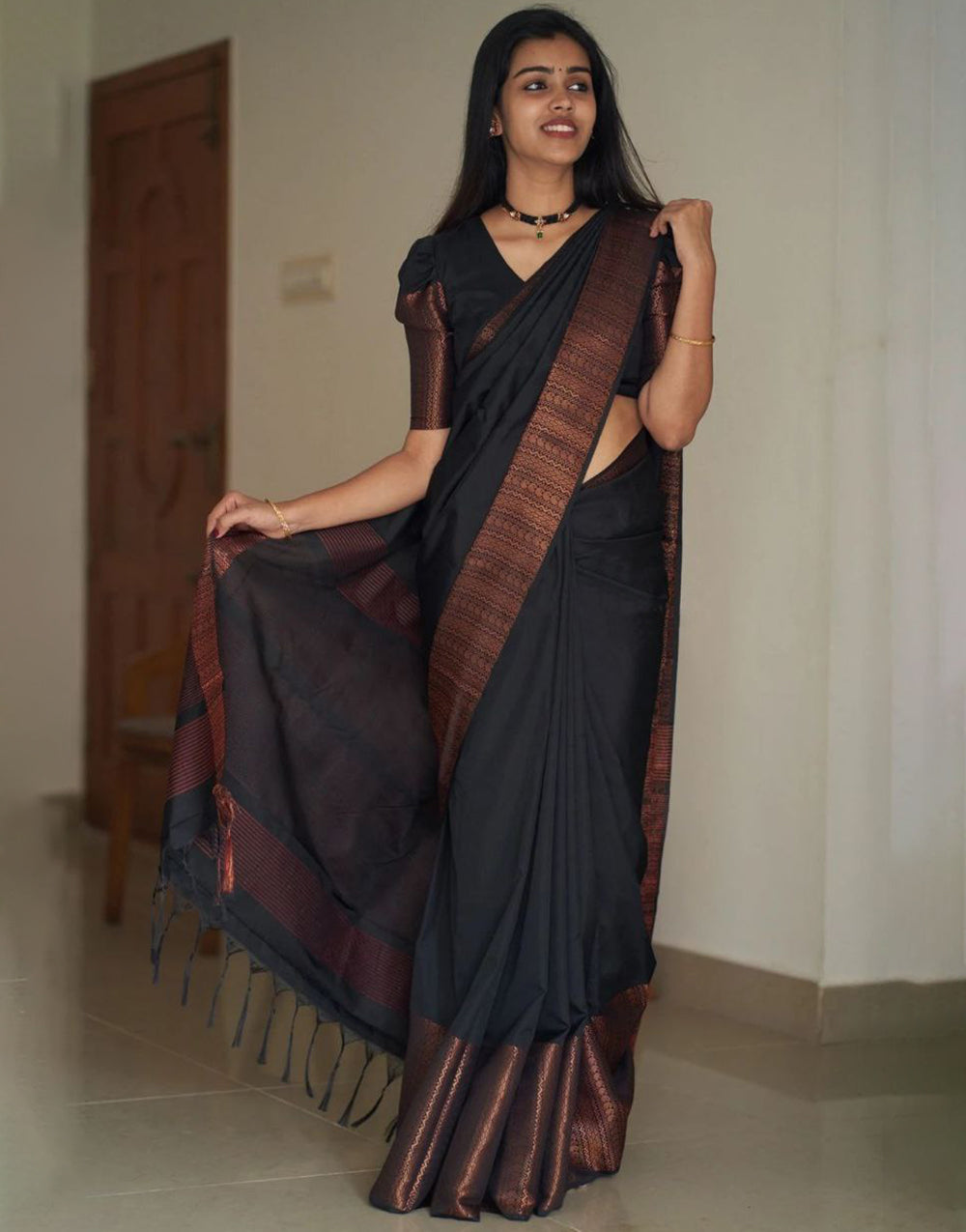 Black Soft Silk Saree With Matching Blouse