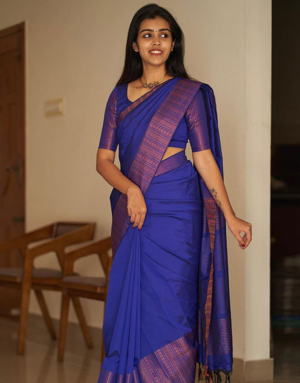 Blue Soft Silk Saree With Matching Blouse