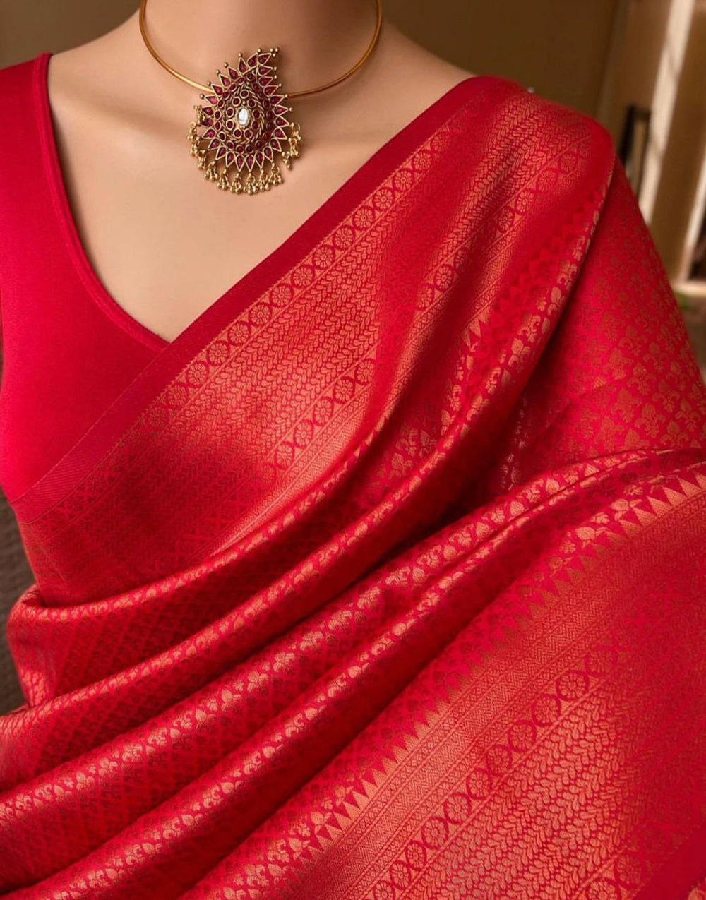 Hot Red Soft Silk Saree With Jacquard Border