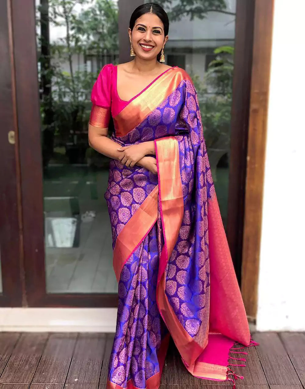 Blue Colour Soft Silk Saree With Pink Blouse
