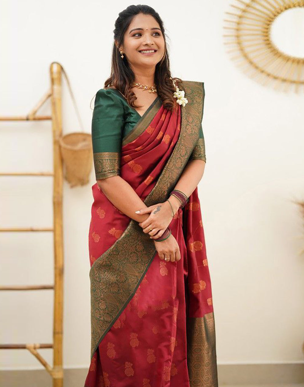 Hot Red Copper Zari Saree With Jaquard border Blouse