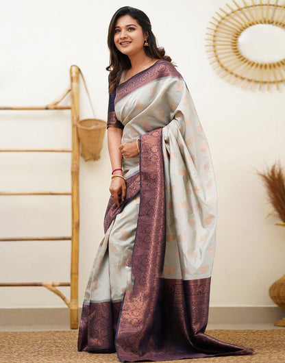 White Copper Zari Saree With Jaquard border Blouse