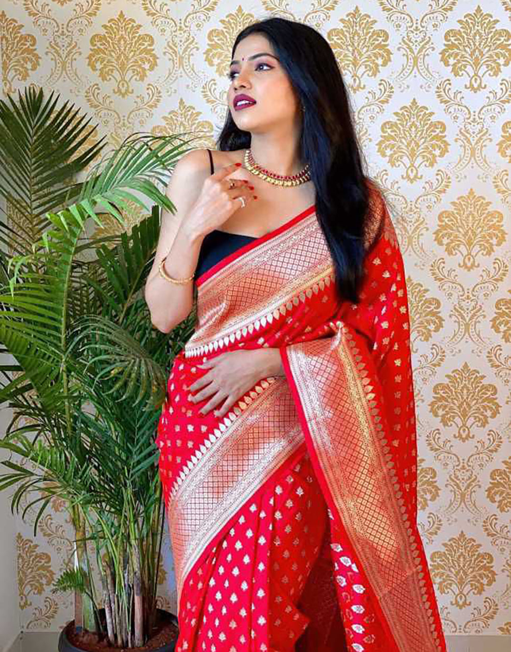 Hot Red Soft Lichi Silk Saree With Fancy Blouse
