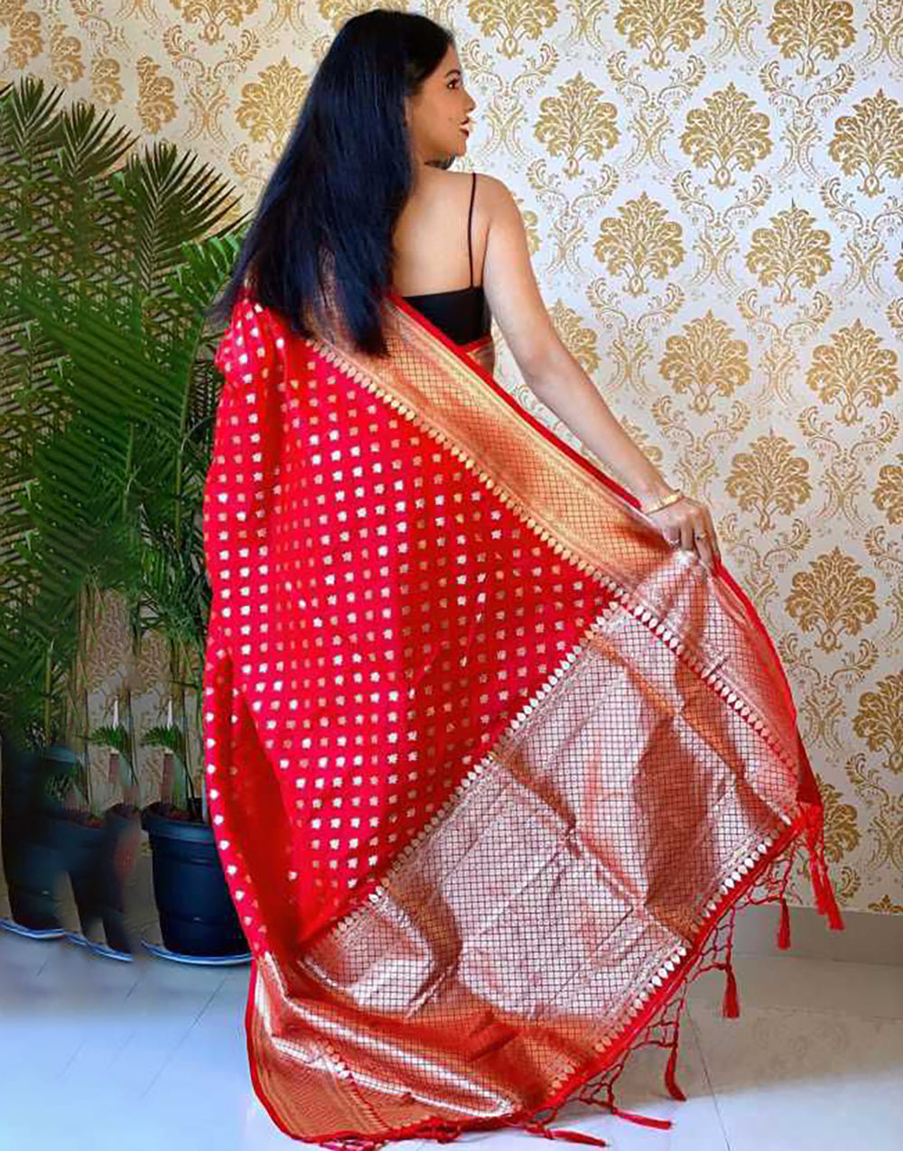 Hot Red Soft Lichi Silk Saree With Fancy Blouse