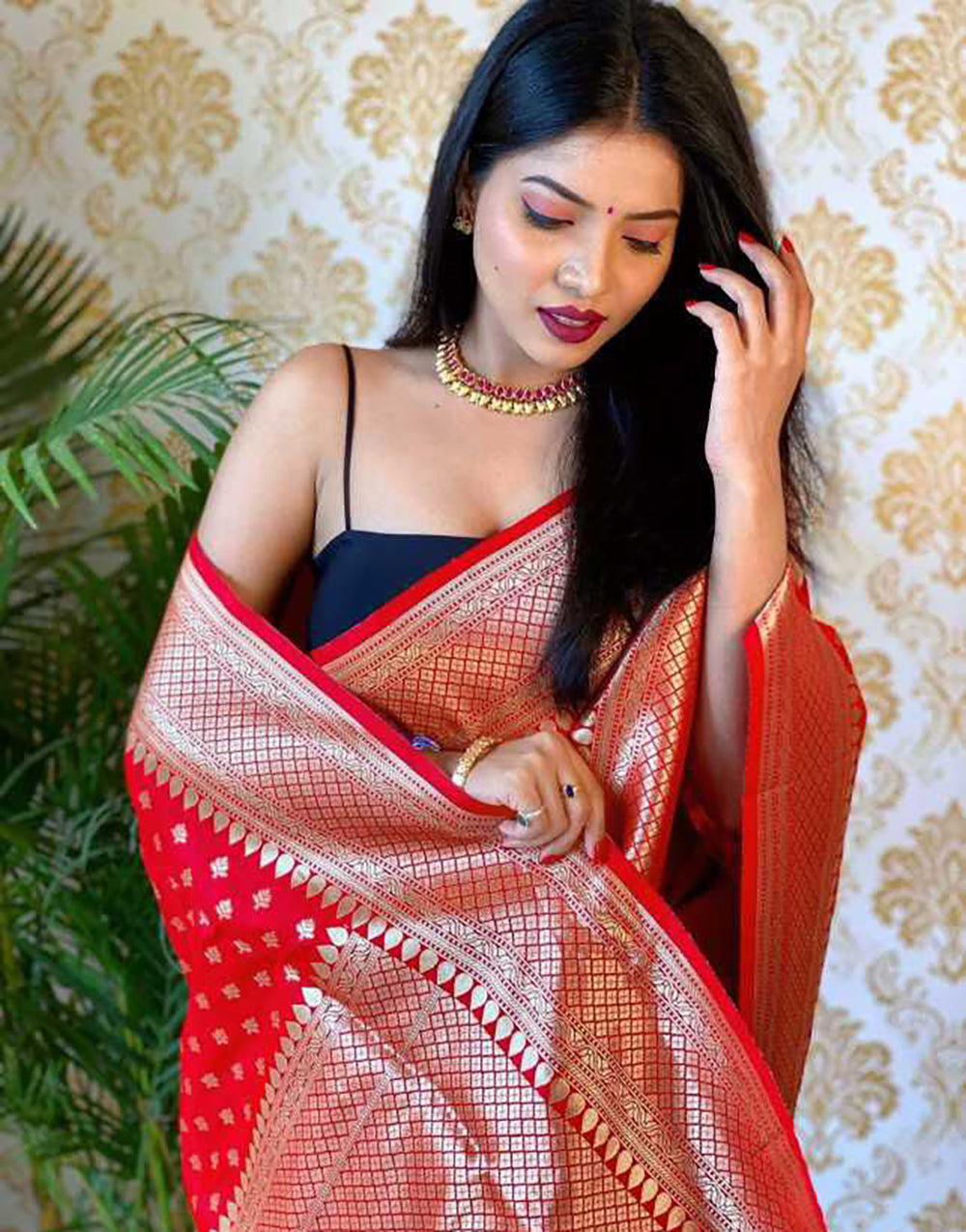 Hot Red Soft Lichi Silk Saree With Fancy Blouse
