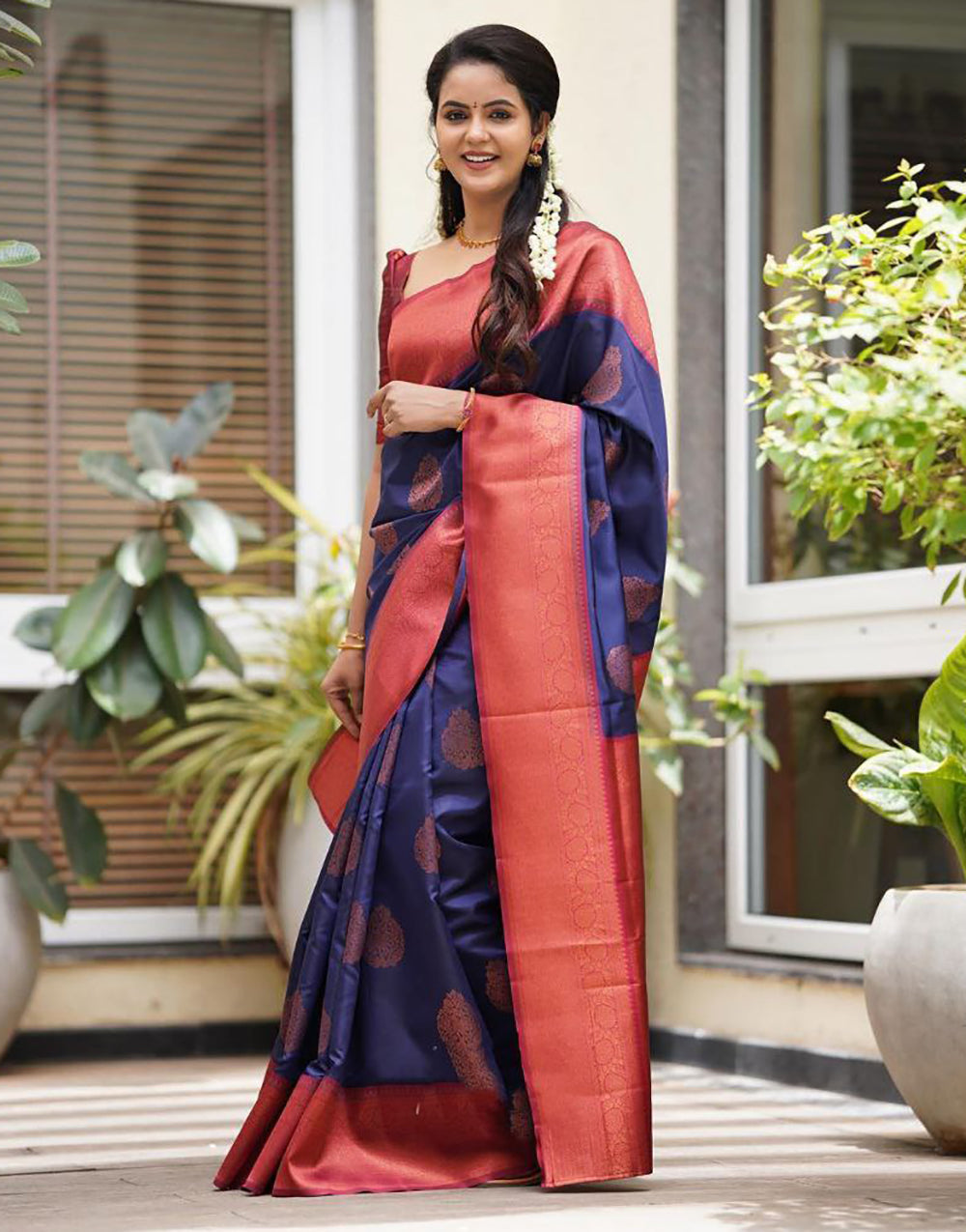 Latest Navy Blue Soft Silk Saree With Designer Blouse