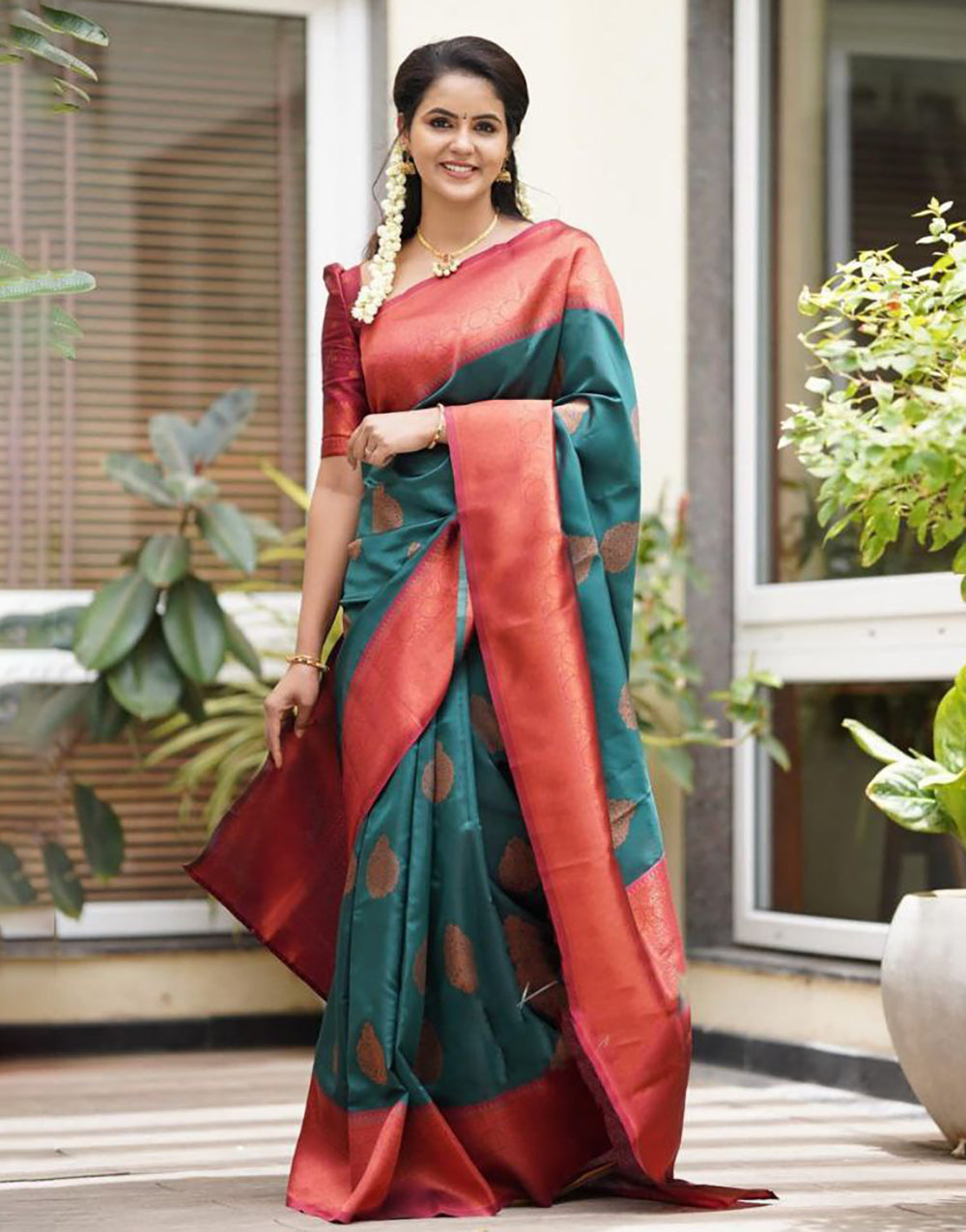 Latest Green Soft Silk Saree With Designer Blouse