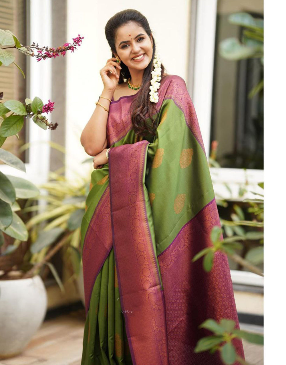 Forest Green Soft Silk Saree With Designer Blouse