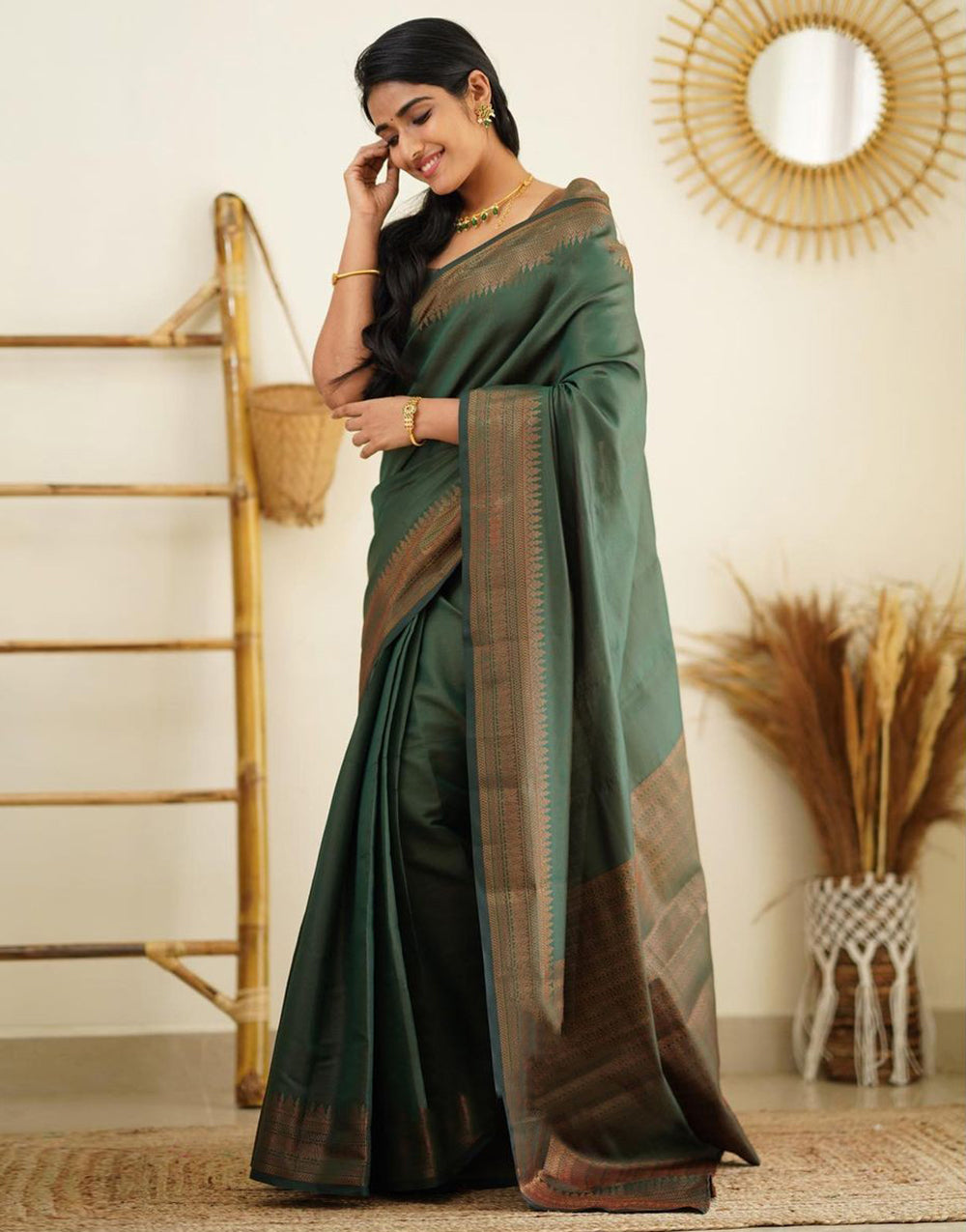 Bottle Green Color Soft Silk Saree With Weaving Work