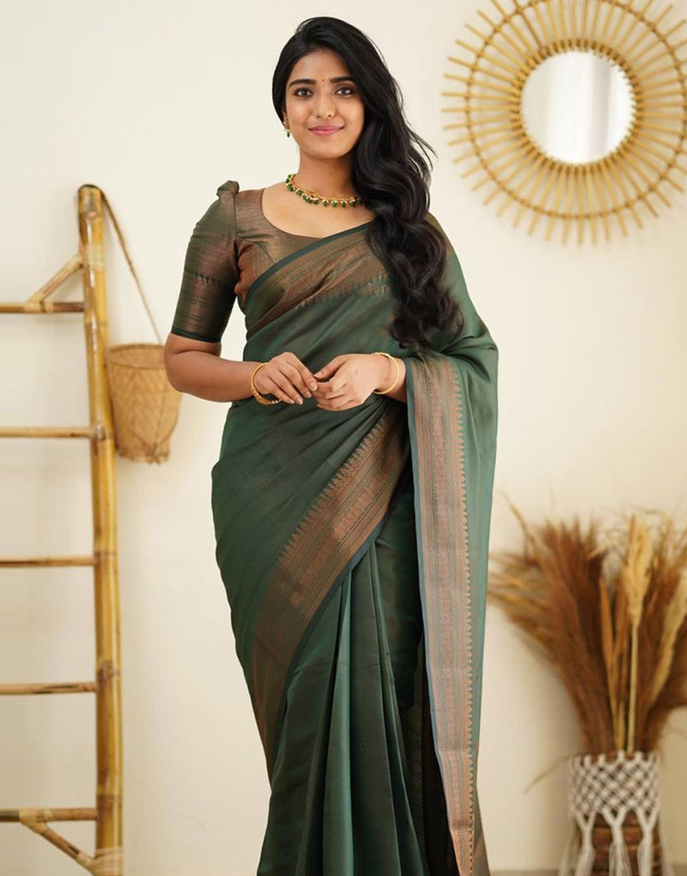 Bottle Green Color Soft Silk Saree With Weaving Work