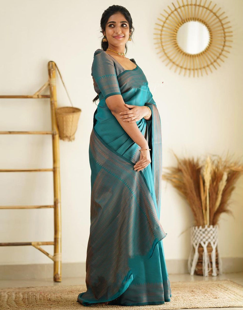 Teal Blue Colour Soft Silk Saree With Blouse – Sareewave