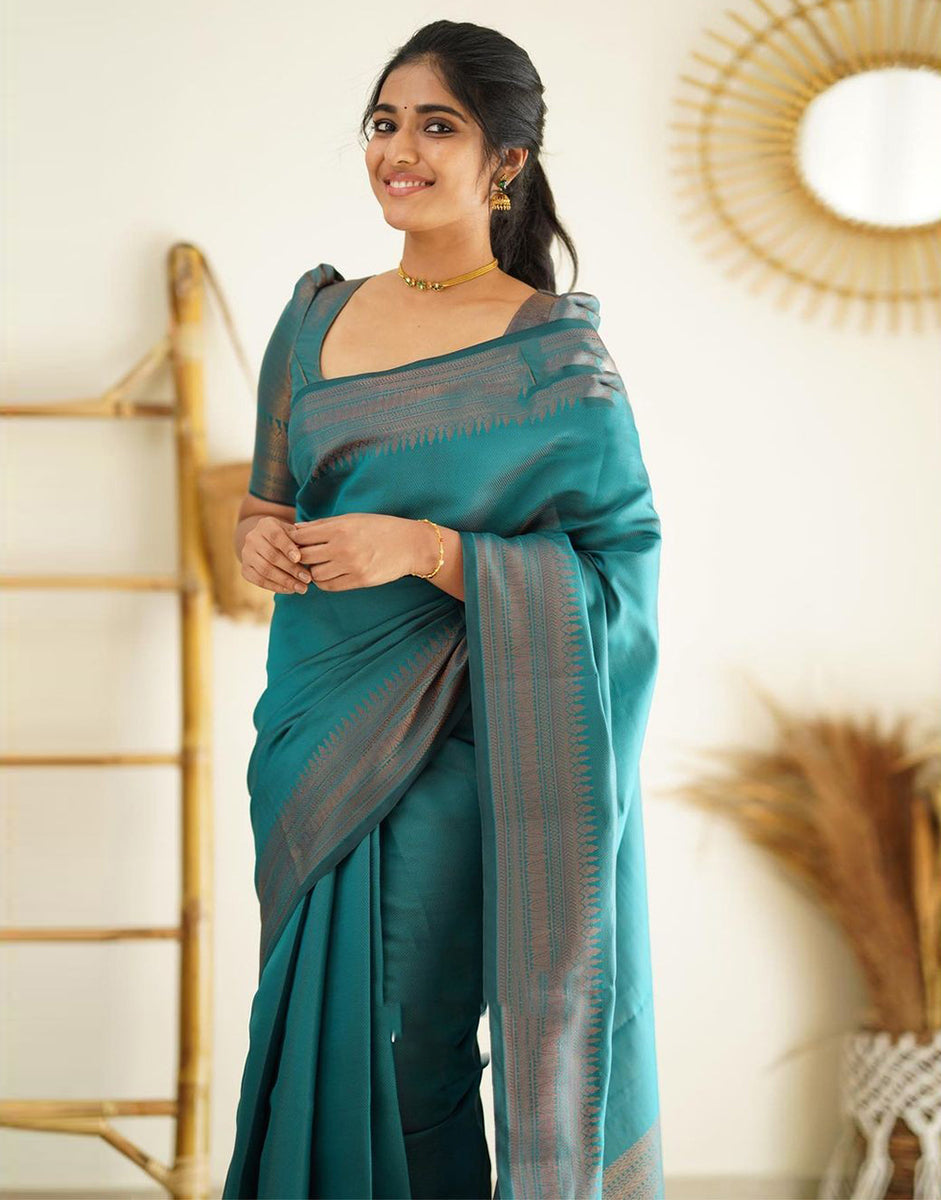 Teal Blue Colour Soft Silk Saree With Blouse – Sareewave