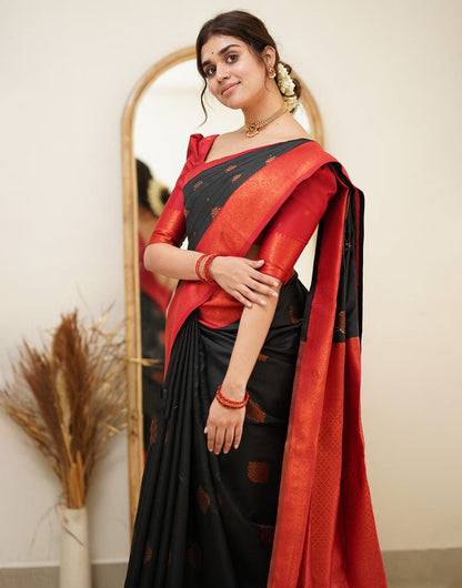 Black And Hot Red Colour Soft Silk Saree With Rich Pallu
