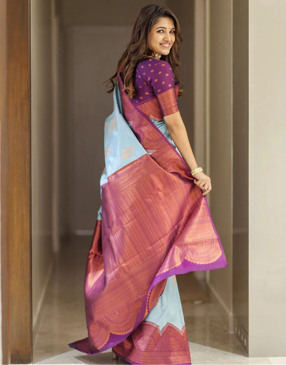 Sky Blue And Violet Soft Silk Saree With Beautiful Pallu