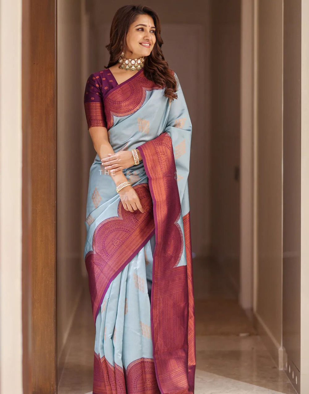 Sky Blue And Violet Soft Silk Saree With Beautiful Pallu