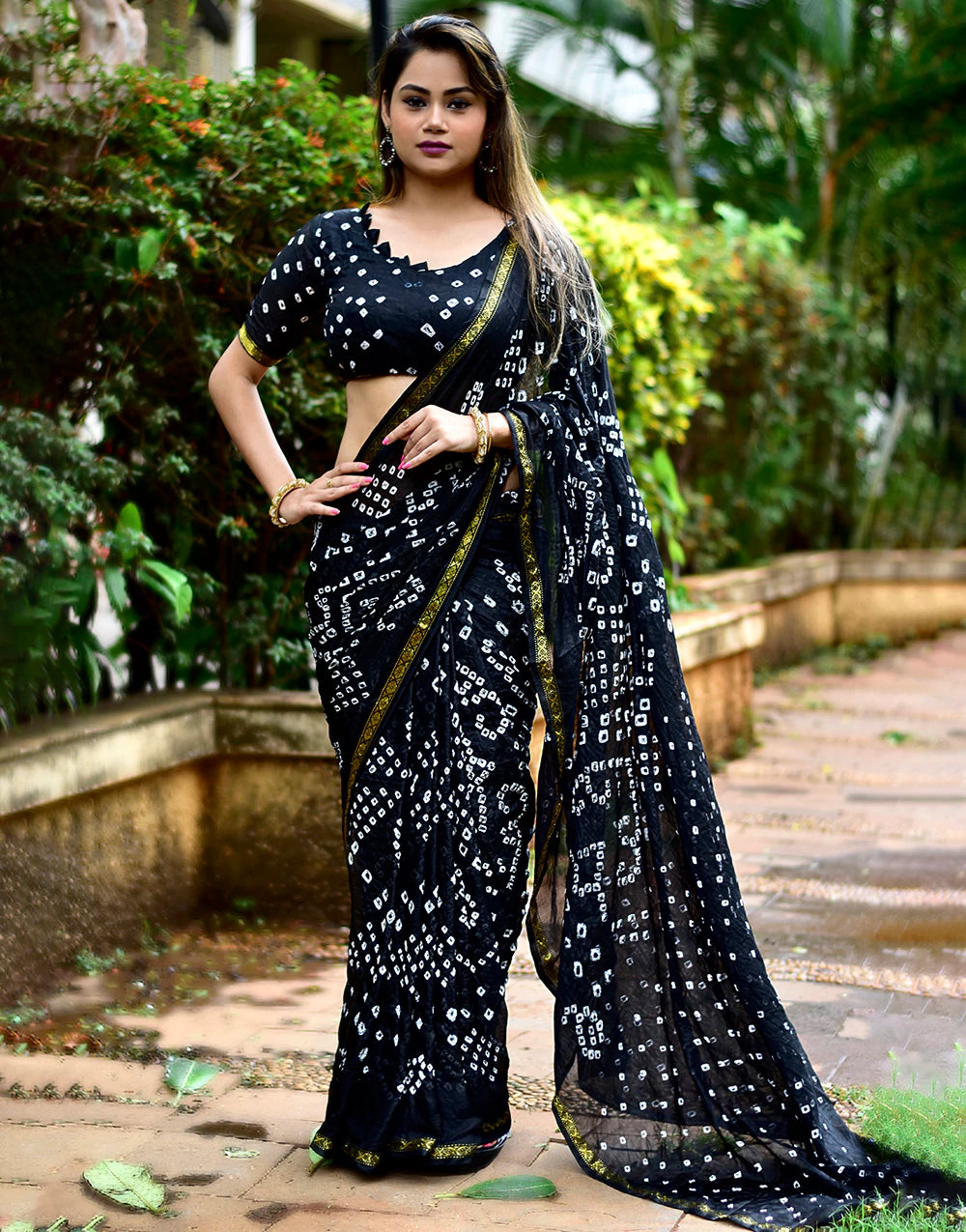 Black Bandhani Printed Georgette Saree