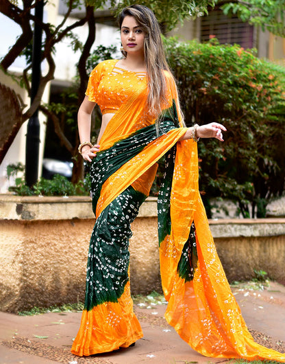 Green-Yellow Hand Bandhej Bandhani Saree With Printed Work