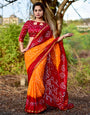 Red & Orange Hand Bandhej Bandhani Saree With Printed