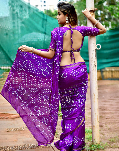 Purple Color Hand Bandhej Bandhani  Saree With Printed work