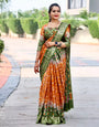 Orange & Mahendi Green Art Silk With Hand Bandhej Weaving Border