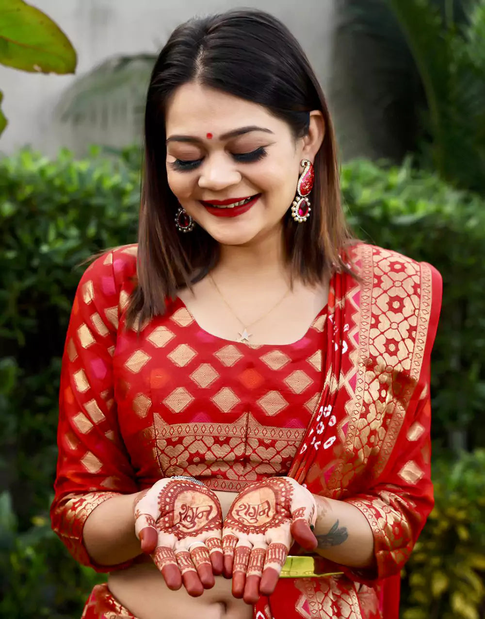 Red Art Silk With Hand Bandhej Bandhani Saree