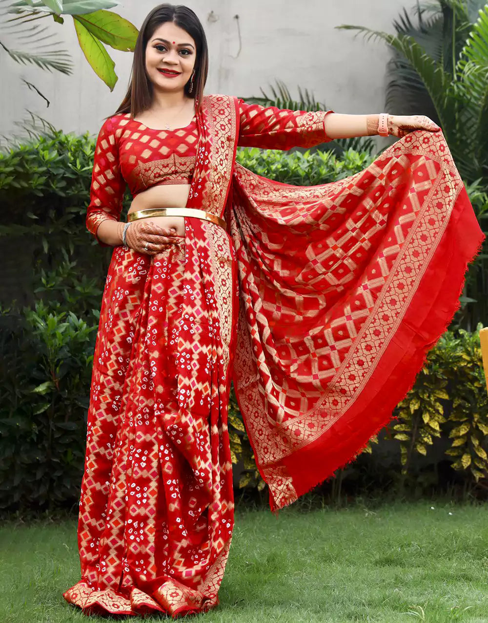 Red Art Silk With Hand Bandhej
