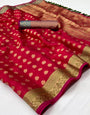 Red Kora Muslin Silk With Zari Weaving