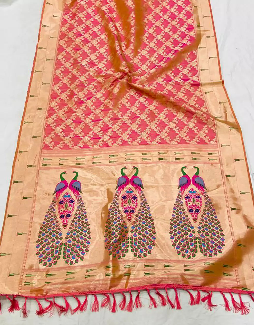 Gajari Pink Paithani Silk Saree With Zari Weaving Work