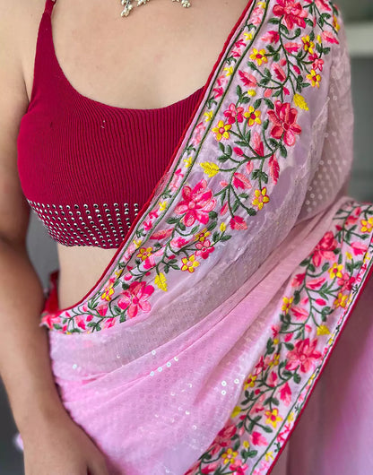 Pink Georgette Saree And Sequence Work With Beautiful Border