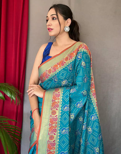 Sky Blue Pure Katchhi Patola Silk Saree With Meenakari Border