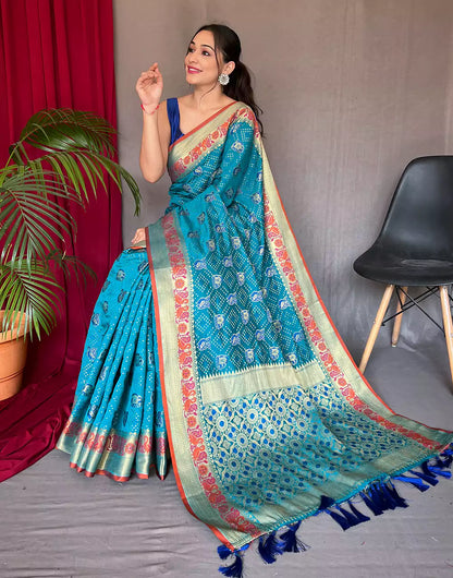 Sky Blue Pure Katchhi Patola Silk Saree With Meenakari Border