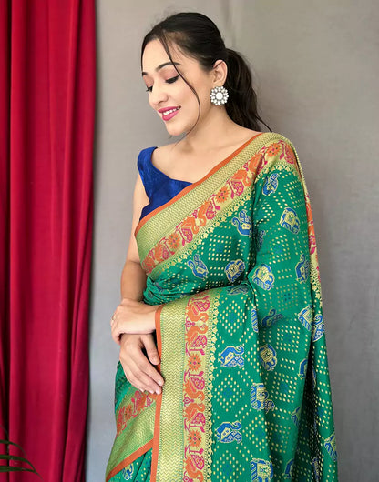 Green Pure Katchhi Patola Silk Saree With Meenakari Border