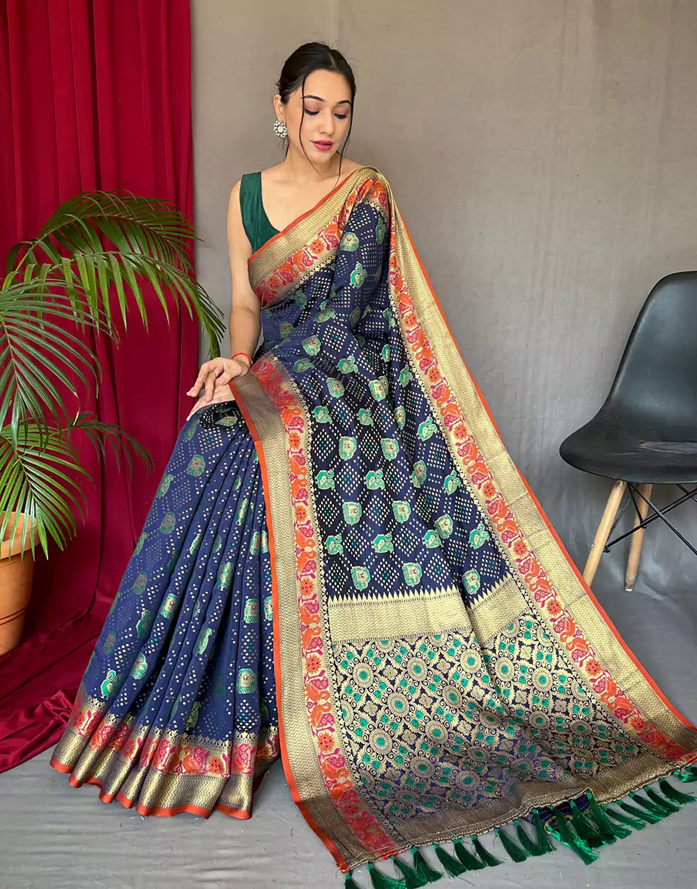 Dark Blue Pure Katchhi Patola Silk Saree With Meenakari Border