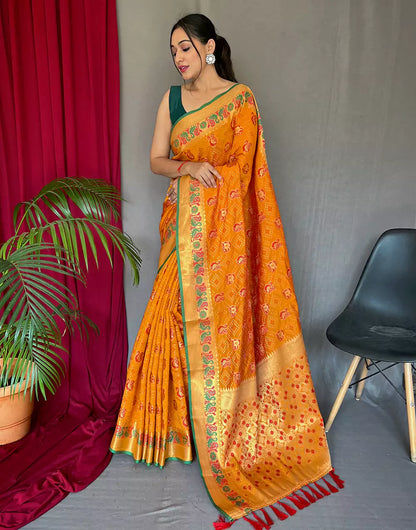 Yellow Pure Katchhi Patola Silk Saree With Meenakari Border