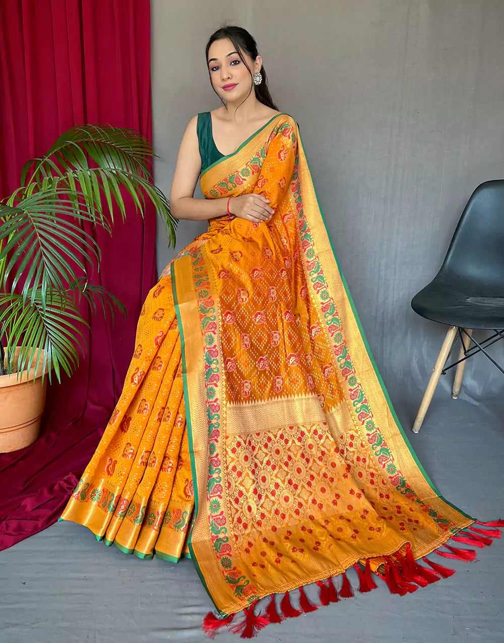 Yellow Pure Katchhi Patola Silk Saree With Meenakari Border