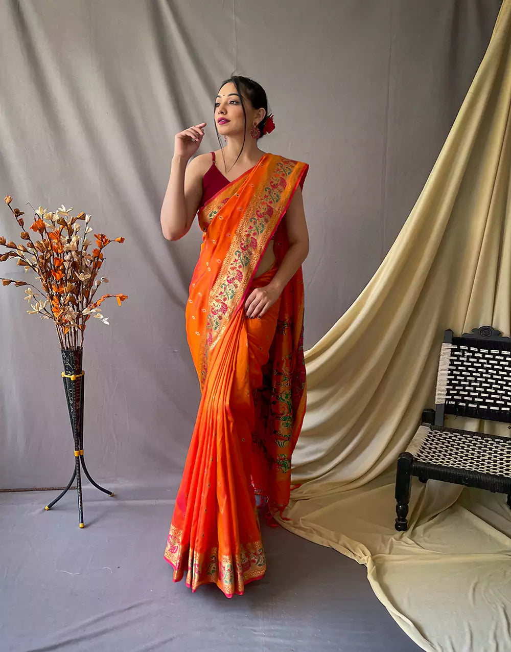 Orange Colour  Pathani Soft Silk Saree with Pathani rich Pallu