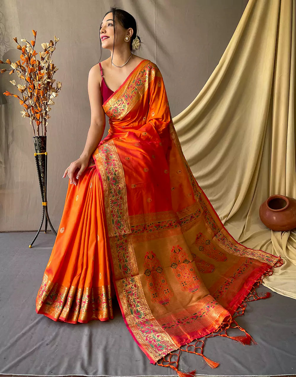 Orange Colour Pathani Soft Silk Saree with Pathani rich Pallu