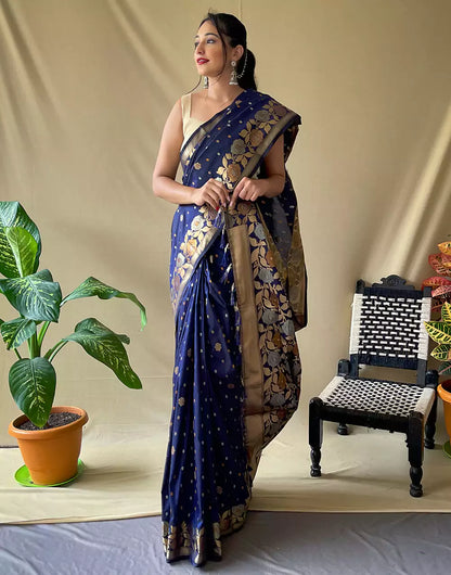 Navy Blue Soft Silk Saree With Zari Weaving