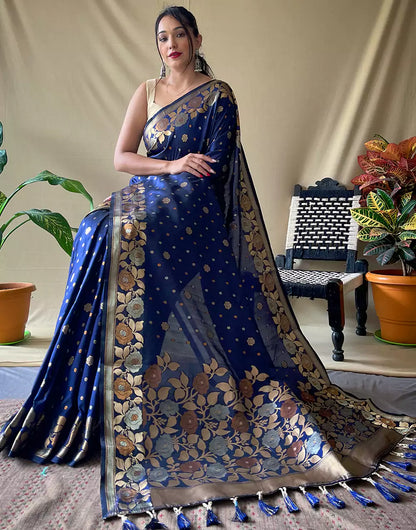 Navy Blue Soft Silk Saree With Zari Weaving