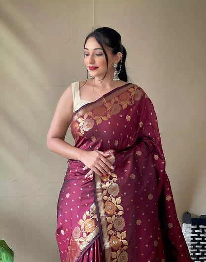 Maroon Soft Silk Saree With Zari Weaving